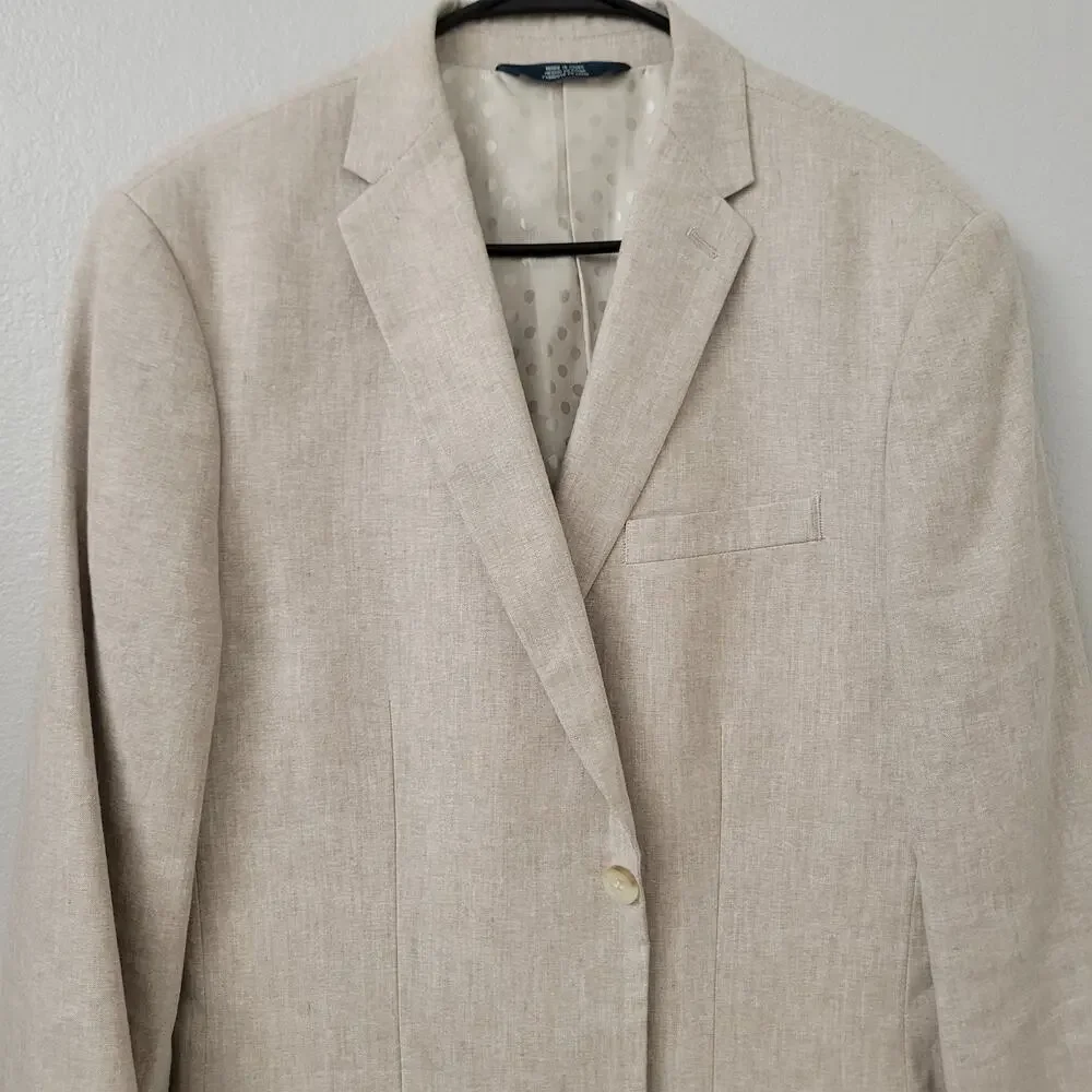 Perry Ellis Men's Linen Cotton Blazer Sport Coat Jacket Khaki Tan Sz 40 Long